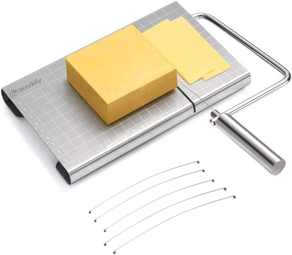 MECKILY Cheese Slicer, Wires Stainless Steel Food Slicer Cheese Cutter Butter Cutter with Accurate Size Scale, Four Replaceable Serving Wires for Hard