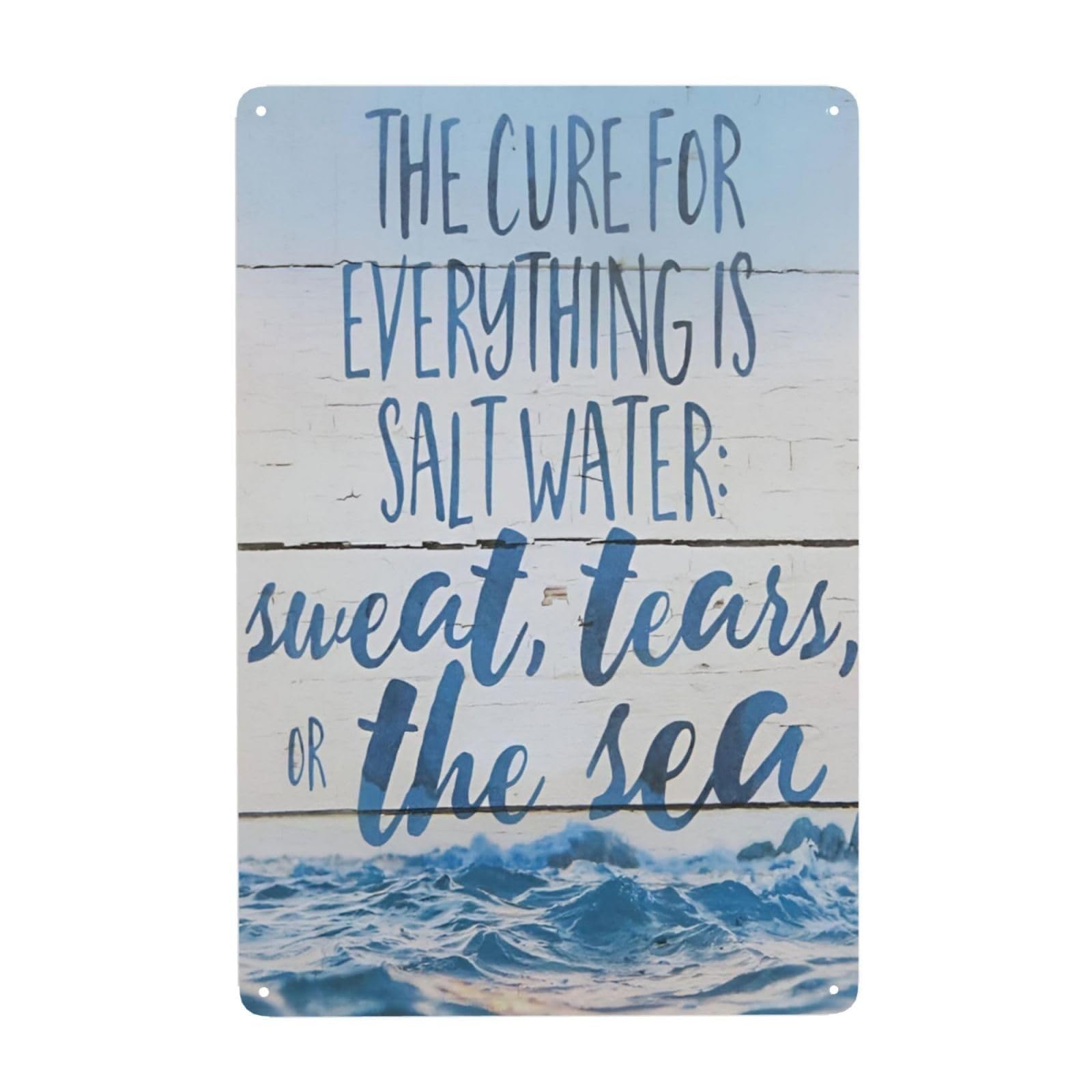 MQXFCZUX Beach House Sign Metal Tin Plaque The For Everything Is Salt Water Sweat Tears Sea Quote Coastal Wall-Art Decor 8 X 12 in
