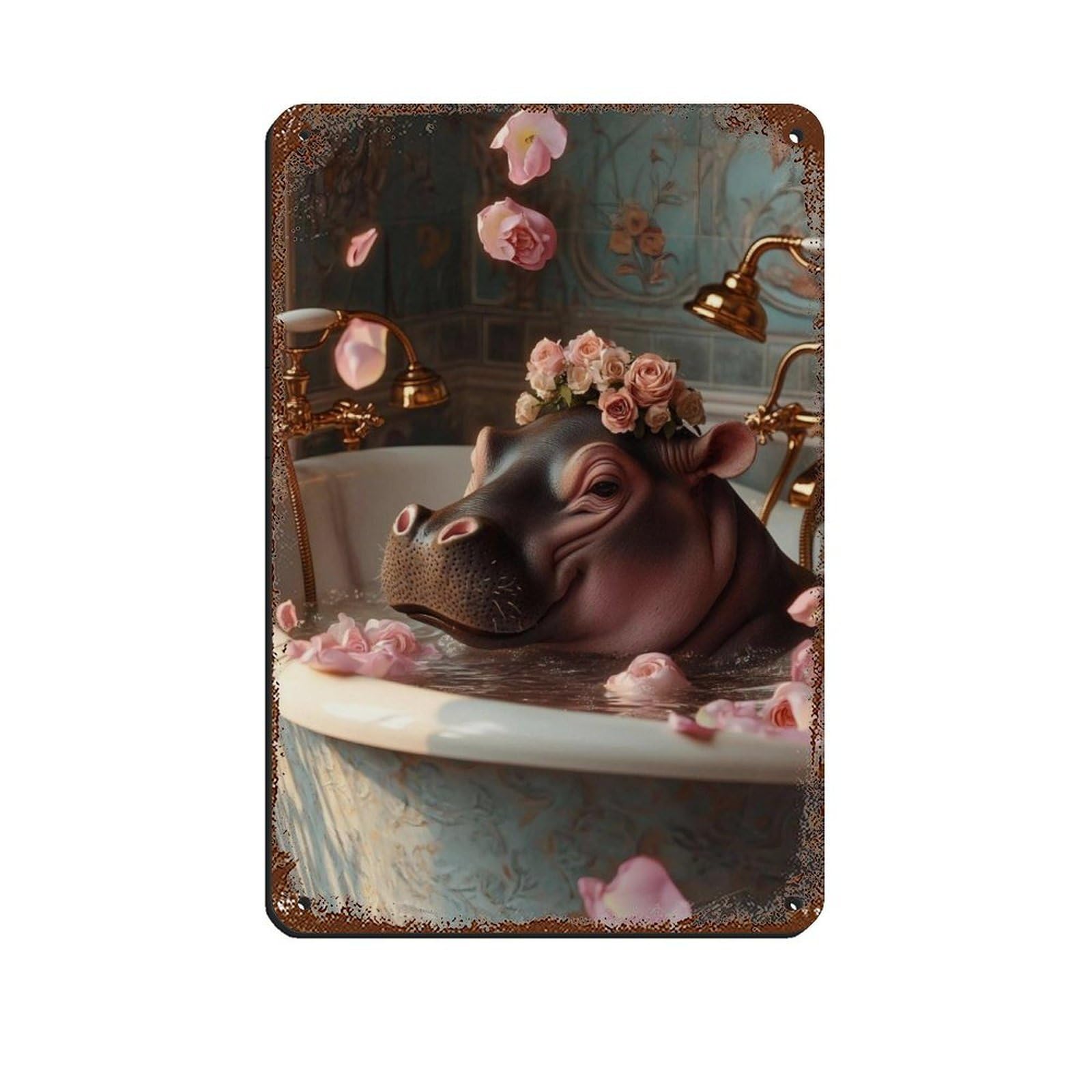 Lxwnze 20L X 30W Cm Cute Hippo Bathroom, Animalbathroom Tin Sign Vintage Metal Pub Club Cafe Bar Home Wall Art Decoration Poster Retro 8X12inch(20X30cm)