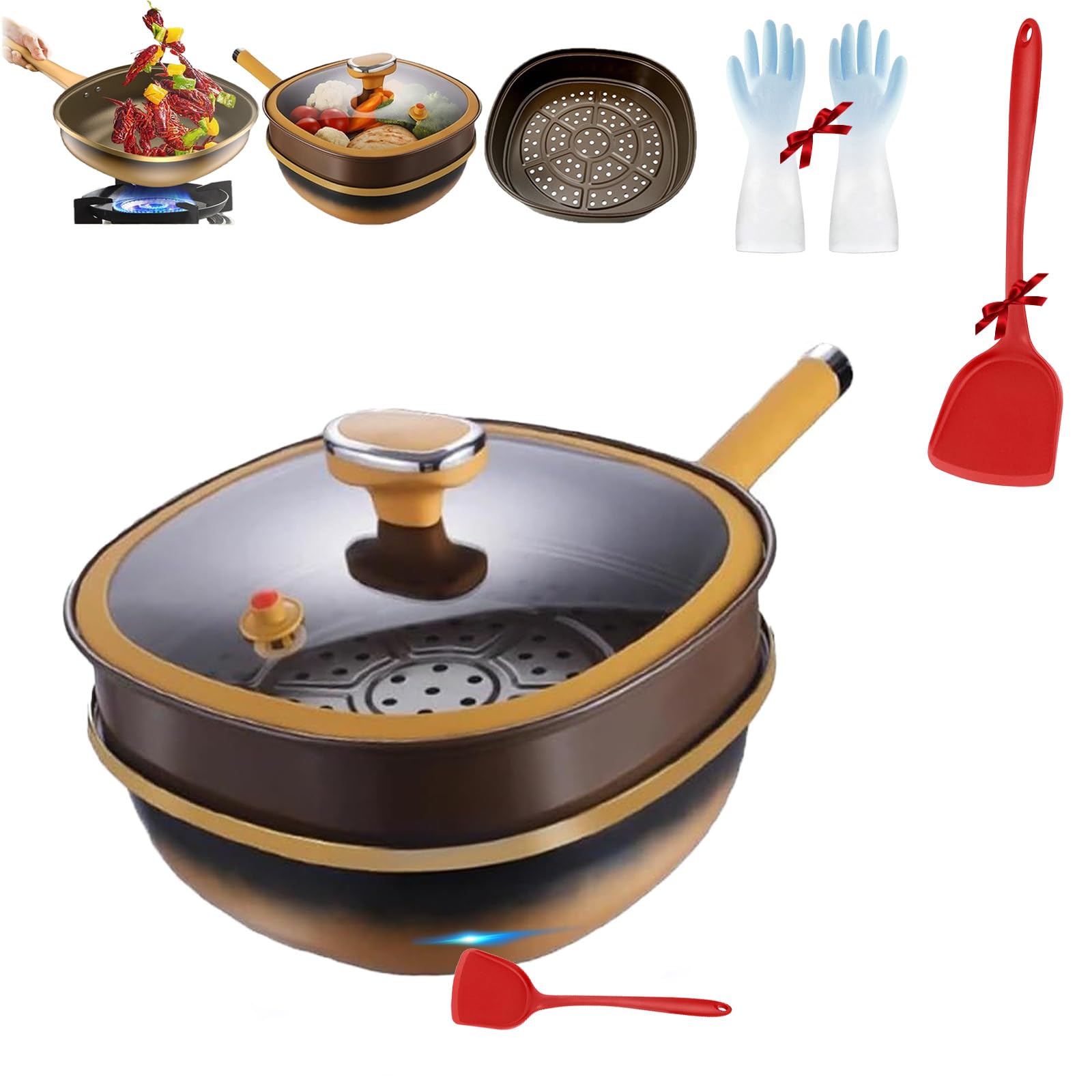 Yagerod 12in Titanium Alloy Non-Stick Pot with Lid, Titanium Pans for Cooking, Multi-Purpose Deep Saute Pan with Steamer Basket, Non Stick Frying Pot, for Home Kitchen Camping (Pot+Lid+Steamer)
