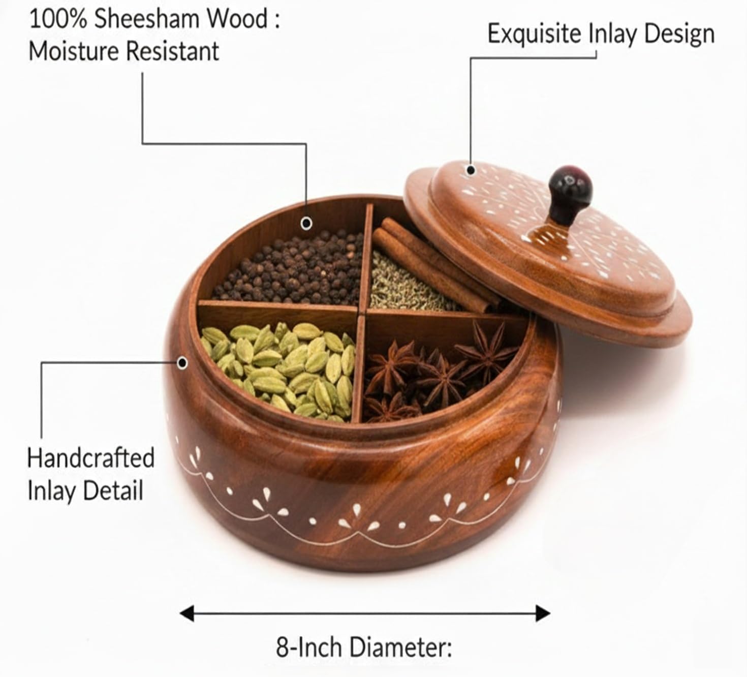 Wooden Spice Box, Round Masala Dabba with Lid, Sheesham Wood, 8 Inch, 4-Compartment, Handcrafted Inlay Design, Brown