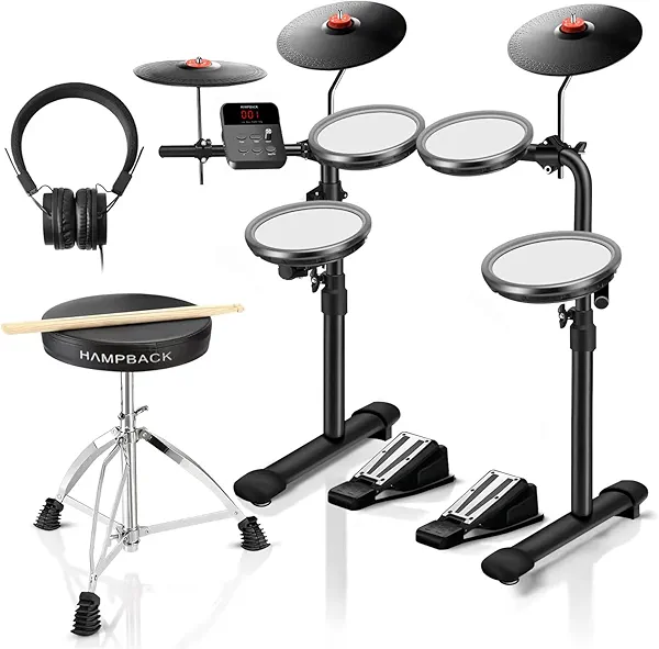 HAMPBACK MK-0 Electric Drum Set with 7'' Quiet Mesh Drum Pads, 8'' Full Rubber Cymbals, 12 Kits and 68 Authentic Sounds, USB MIDI, Throne, Sticks, Headphone, 2 Switch Pedals for Beginners & Kids