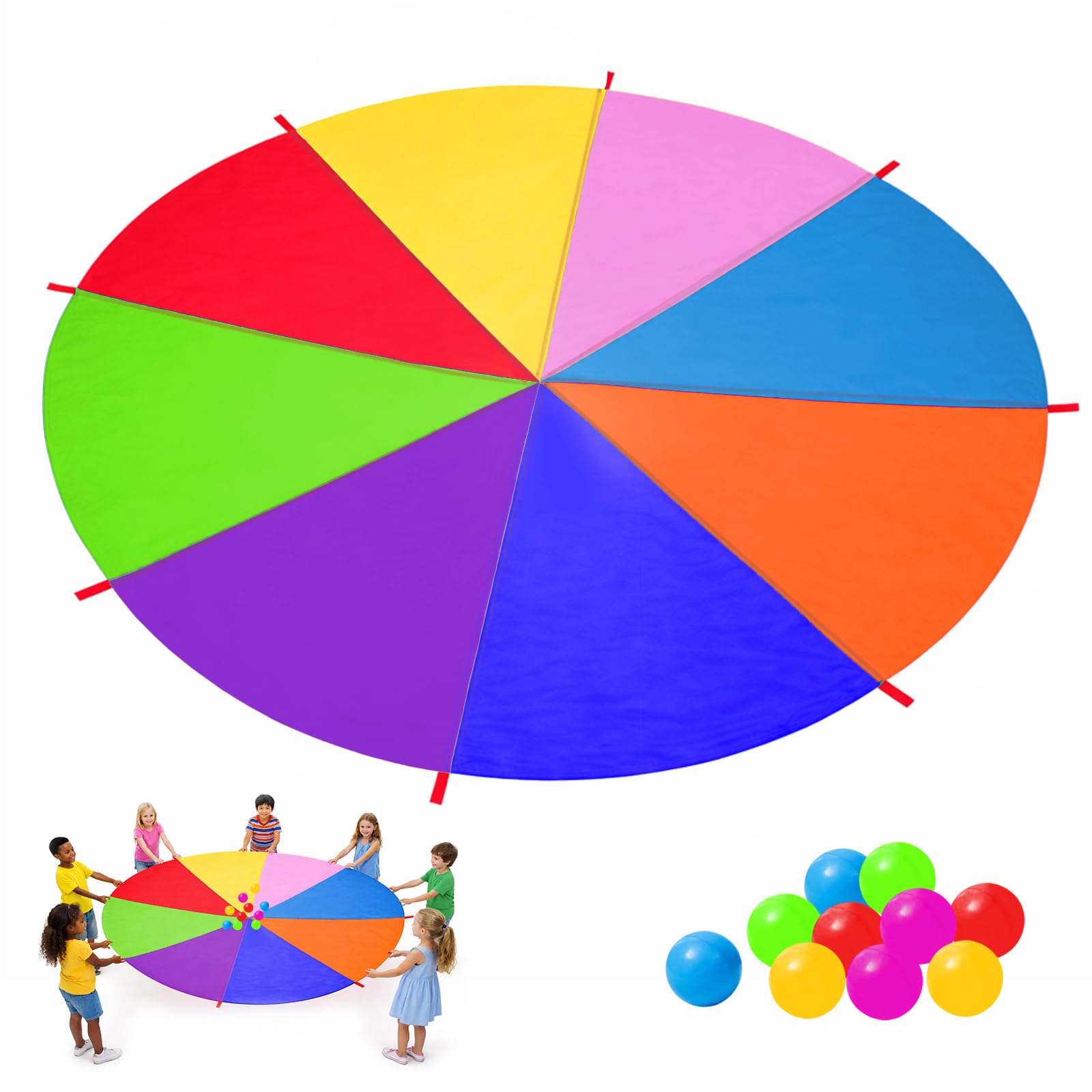 Paracadute Bambini,3,6 m Paracadute Ludico Arcobaleno con 8 Maniglie e 10 Palle,Giochi All'aperto Lezioni Di Sport E Feste Di Compleanno Per Bambini