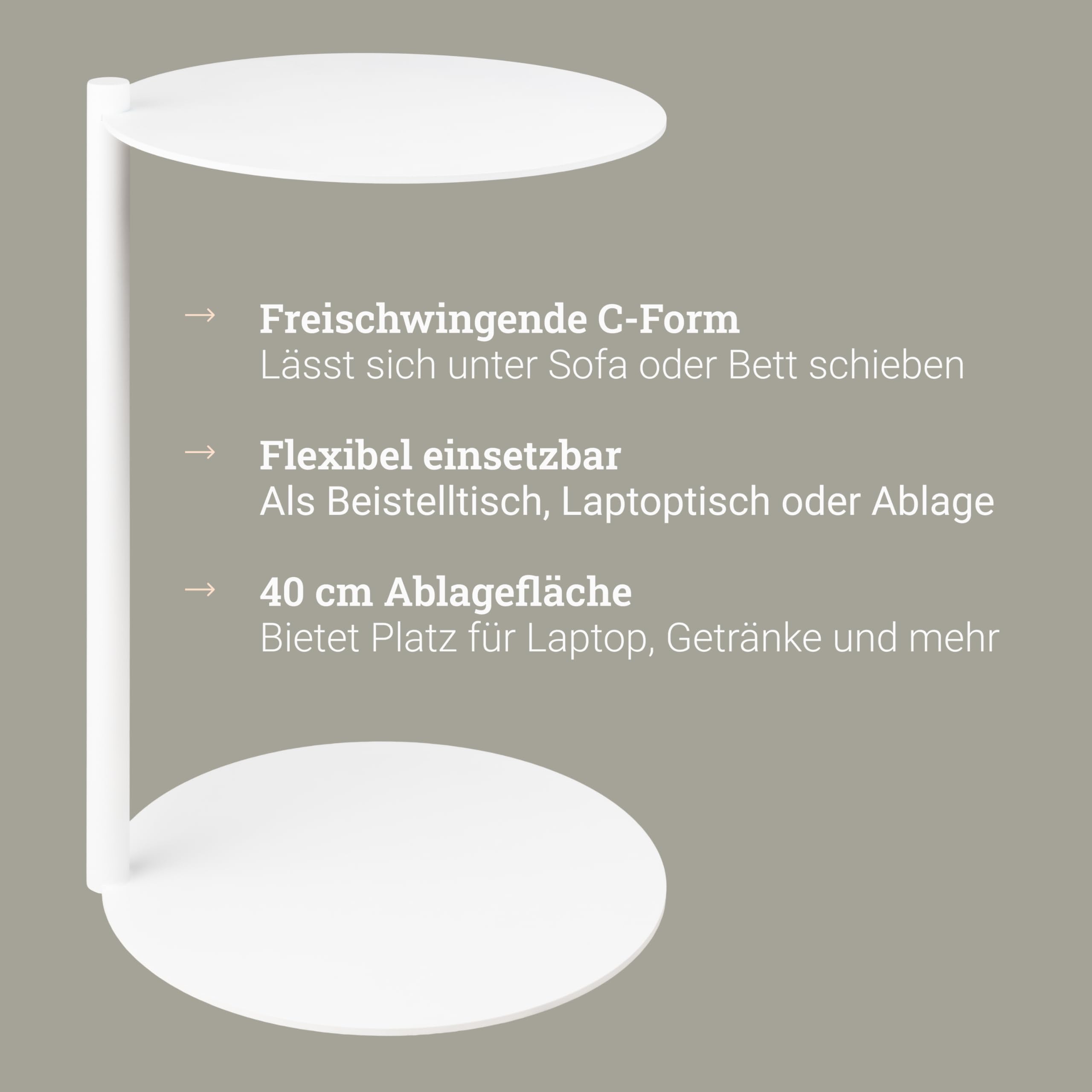 Natural Goods Berlin 1x Beistelltisch Luna - Beistelltisch Weiss Metall - Laptoptisch Für Couch 55cm hoch - Couchtisch Metall, Sofa Tisch Ablage - Nachttisch Klein, Couch Tisch Wohnzimmer, Sofa Table