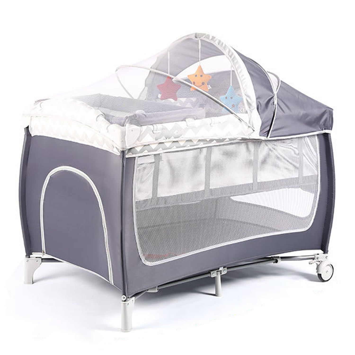 GGEROU Baby Bassinet Bedside Crib with Diaper Table,Portable Baby Nursery Center Playard w/Bassinet，Portable Travel Crib Playpen for Newborn Toddlers with Wheels,Canopy,Toys,Storage Bag (A)