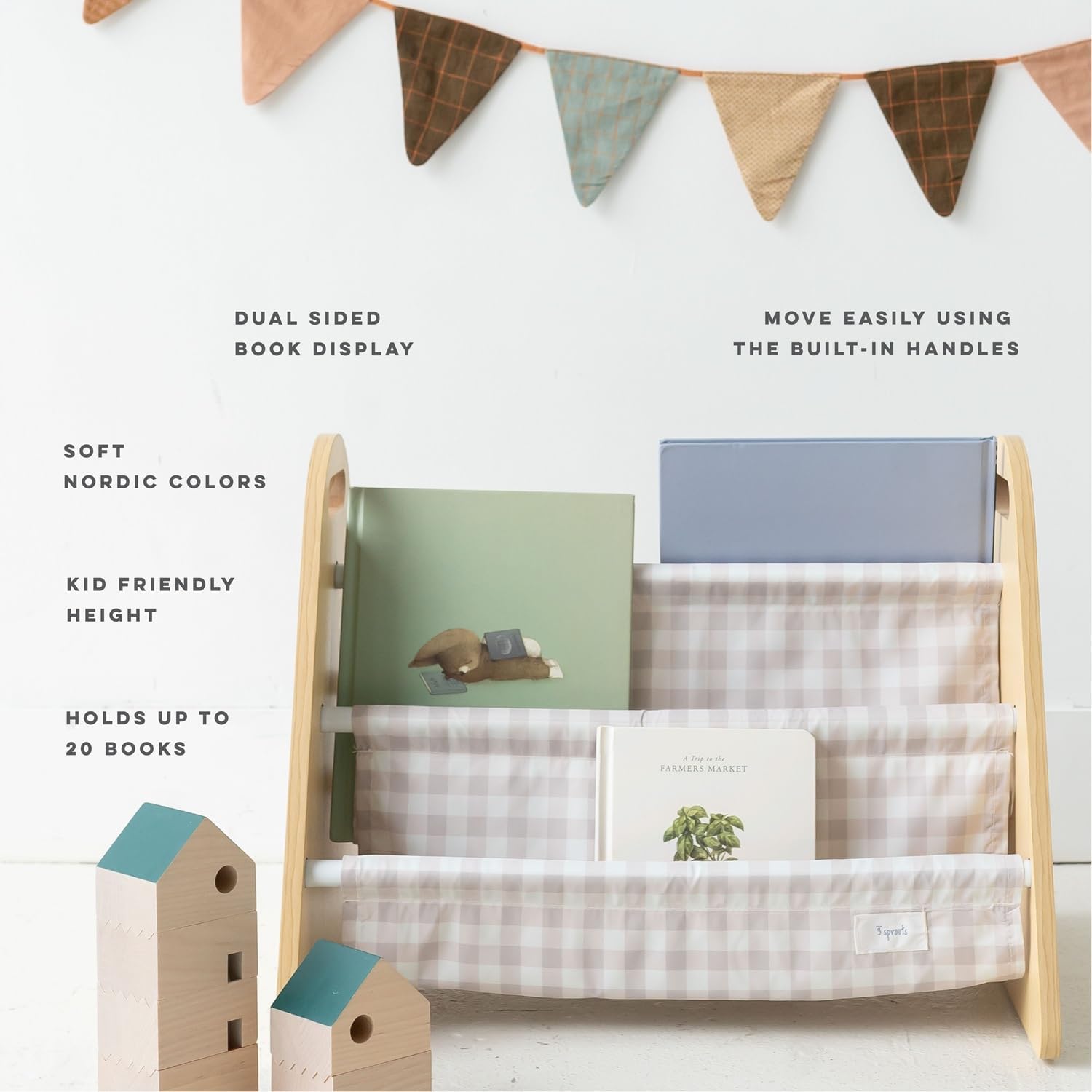 3 Sprouts Double Sided Baby Bookshelf - Portable Book Shelf for Kids Rooms - Ideal Toddler Book Storage - Nursery Bookshelf - Small Bookshelf for Child's Room - Book Organizer - Gingham Beige