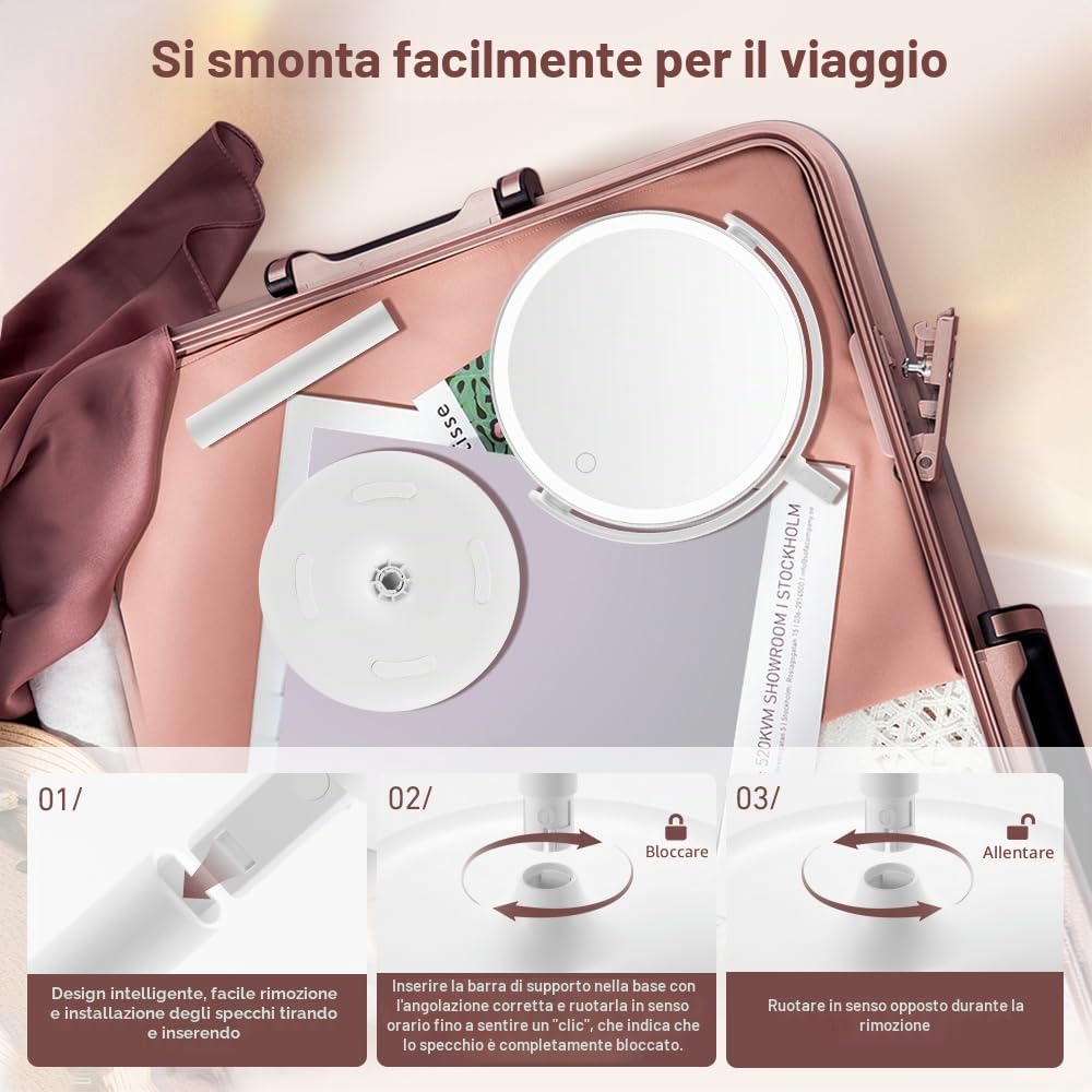 Specchio da trucco con illuminazione, specchio ingranditore 20x con 3 luci colorate, specchio cosmetico con ingrandimento con interruttore bifacciale, specchio ingranditore con luce per camera da