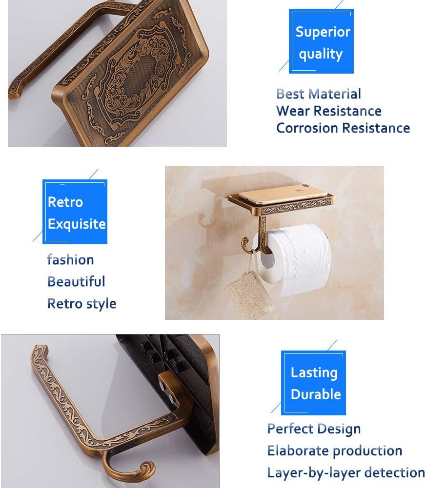 Antique Brass Carved Wall Mounted Toilet Paper Holder with Shelf and Hook