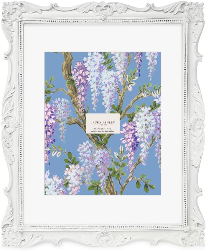 Laura Ashley 11x14 White Ornate Textured Hand-Crafted Resin Picture Frame, Wall Mount, Decorative Floral Design Home Décor, Photo Gallery, Art, More (White, 11x14 (Matted 8x10))