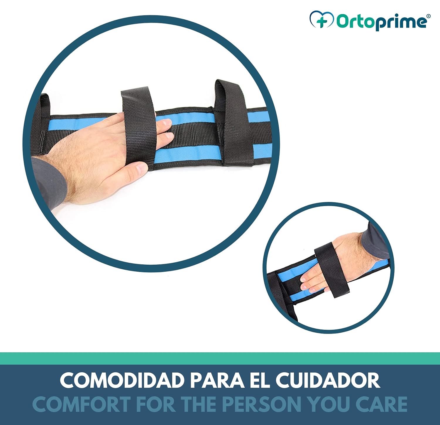 OrtoPrime Cinturón de Transferencia Adultos - Eslinga Lumbar de Transferencia - Cinturón de Seguridad para Ancianos con 4 Asas - Ayuda para Levantarse de Cama Pacientes y Cuidadores