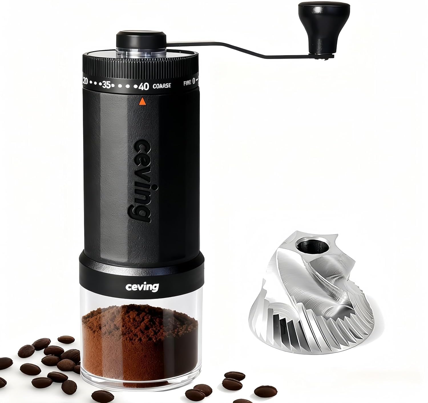 CEVING weltweit erste manuelle Kaffeemühle mit 60g Fassungsvermögen schwarz | Tragbare Handkaffeemühle mit 40 von außen verstellbaren Mahlgraden, Edelstahlmahlwerk für Pour Over, Camping, Reisen