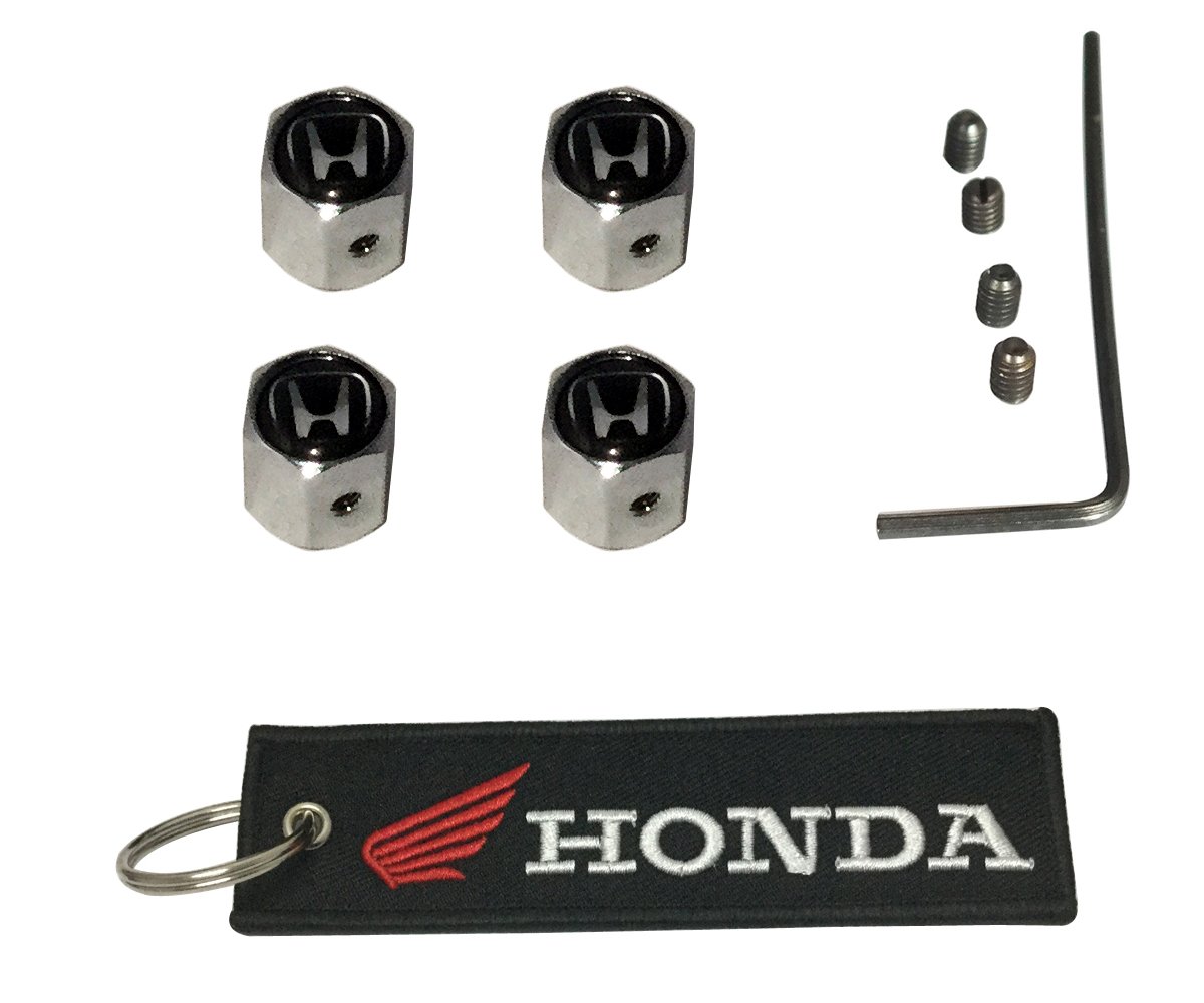 1pcs Honda Tag Keychain and 4pcs Anti-Theft Metal Tire Stem Air Valve Cap Fit for Honda Car Model