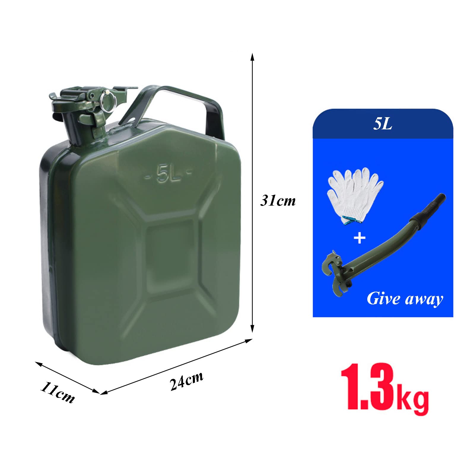 BHBXZZDB Tanica in Metallo Verde per Carburante, capienza 5L/10L/20 Litri, taniche Carburante per Guanti e Tubi