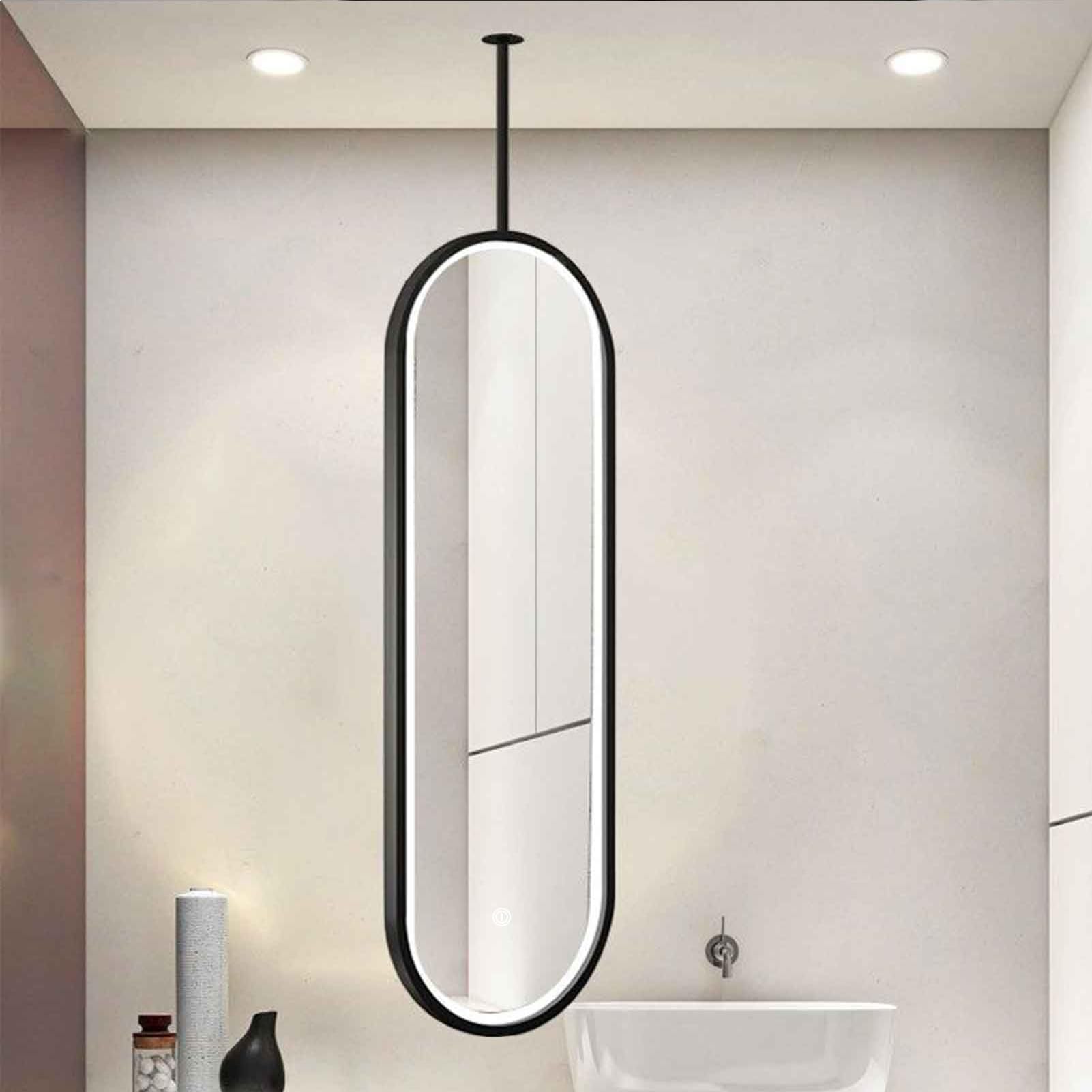 MESOVFCA LED Ceiling Mounted Mirror with Black Metal Hanging Rods, Floating Lighted Vanity Makeup Mirror - 3 Colors Dimmable Light(50cmx70cm)