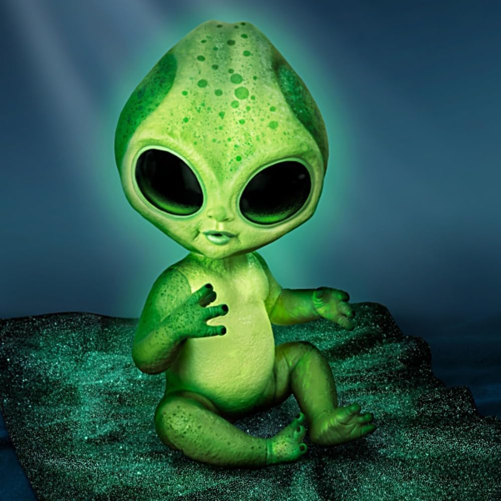 The Ashton-Drake Galleries Lumina Alien Baby Doll, 16 inches, Glow-in-The Dark Vinyl Skin, Poseable with Cosmic Blanket