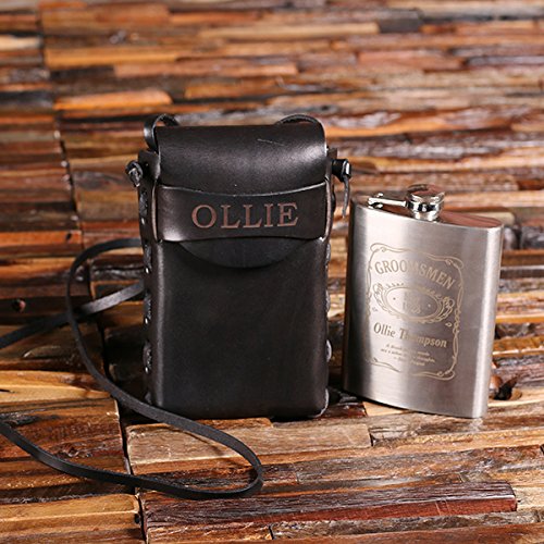 Black Leather Shooting Flask Carrier with 8oz Metal Hip Flask - Great Gift for Groomsmen or Whiskey Lovers
