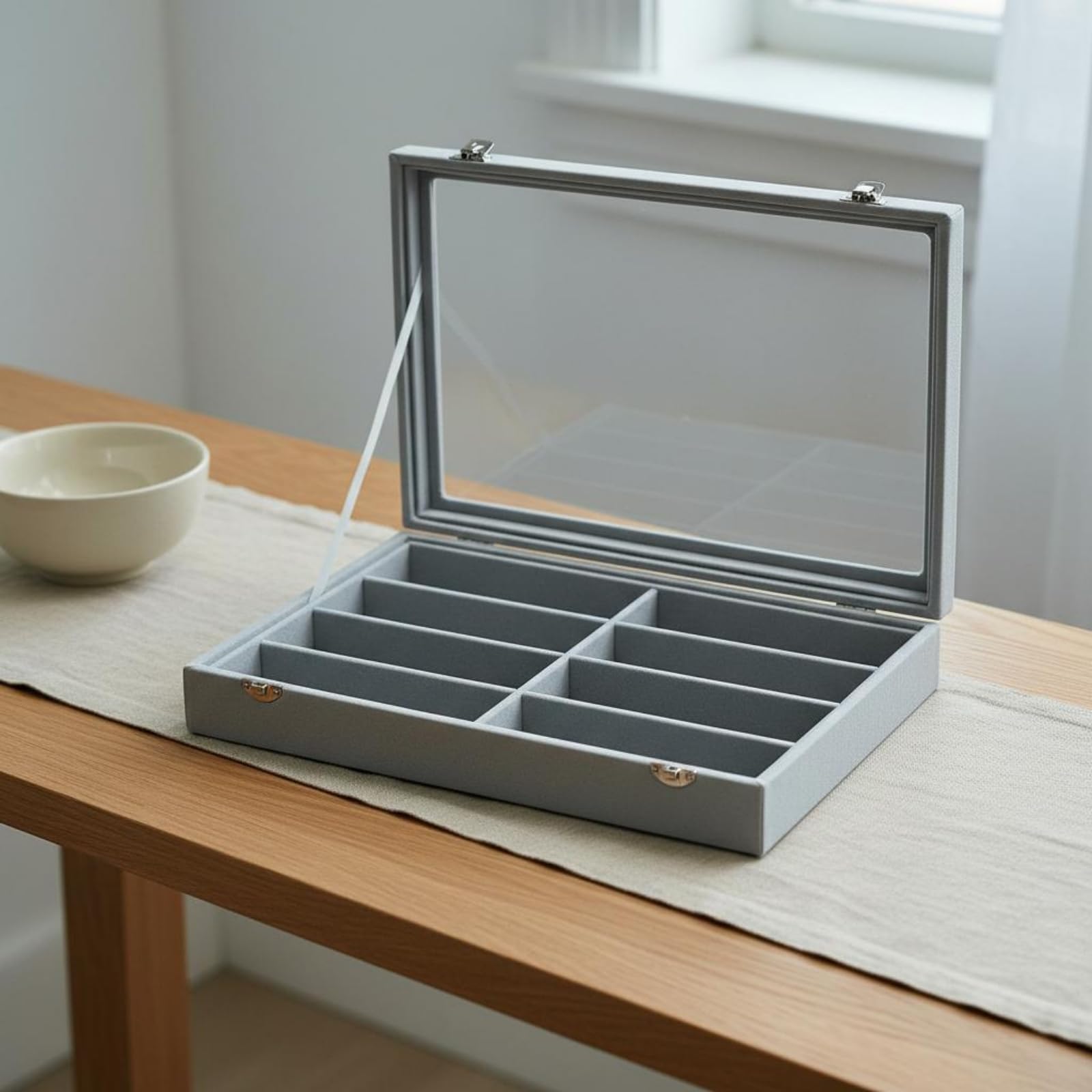Brillenkoffer mit Deckel Sichtfenster 8-Fächer Brillenkoffer Kratzschutz Sonnenbrillen-Box für Sonnenbrillenträger, Schwarz, Schwarz Mit Grauem Innenraum