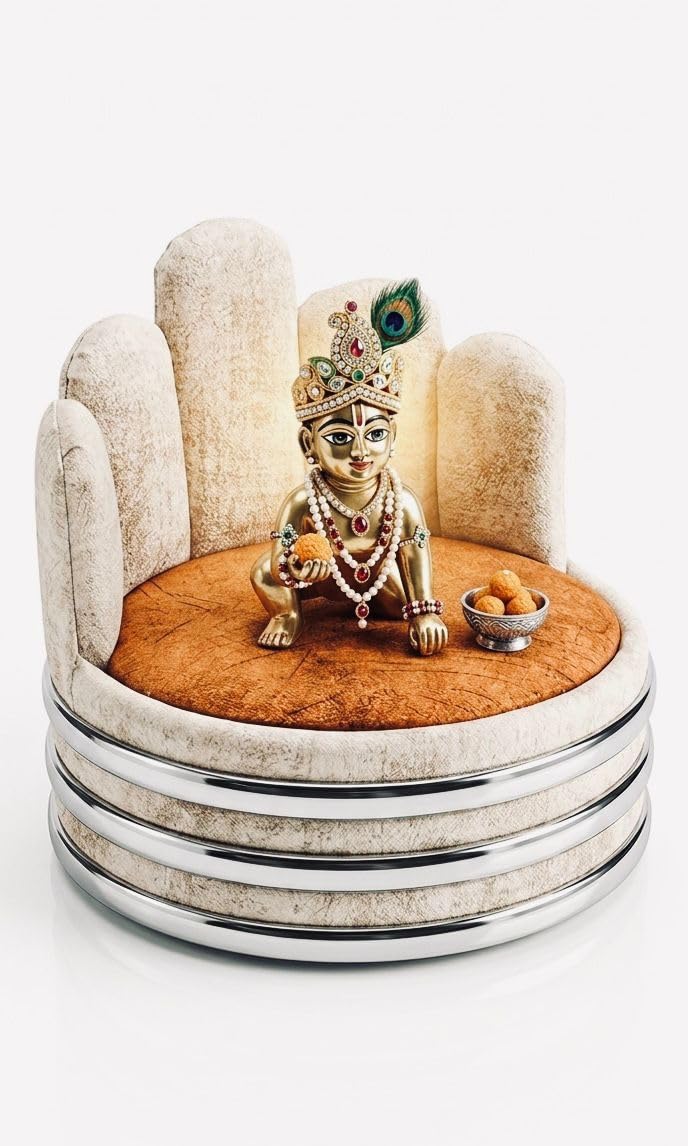 Laddu Gopal Singhasan Velvet Sofa, Crown Backrest with Chrome Base, Caramel Seat, Idol Throning for Home Temple Pooja-picture-10