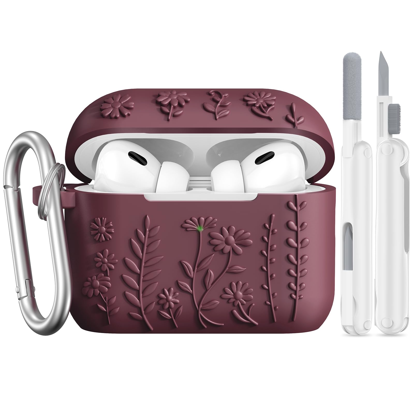 AIRSPO Airpod Pro 2nd Generation Case, 3D Floral Embossed Soft Silicone Protective Cover with Cleaner Kit for Apple Airpods Pro 2nd 1st Gen Case with