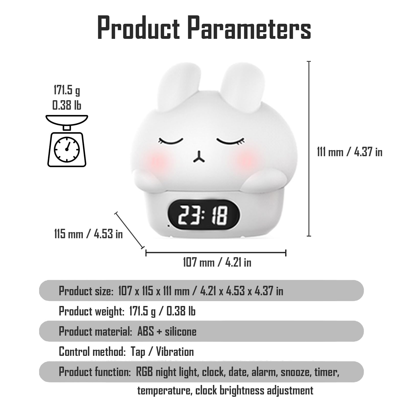 Cute Bunny - Luz nocturna recargable RGB, pantalla de silicona suave, reloj LED de brillo ajustable, fecha, alarma, termómetro, temporizador, control de grifo, lámpara de dormitorio, regalo para niñas