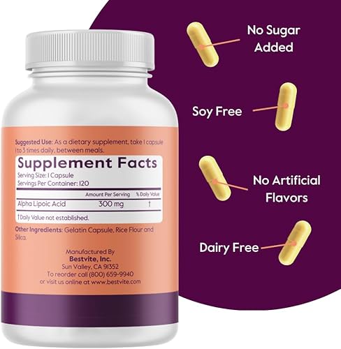 Vista 3 de BESTVITE Ácido alfa lipoico 300 mg por cápsula (120 cápsulas) sin estearato - Sin agentes de flujo - Sin OMG - Sin gluten