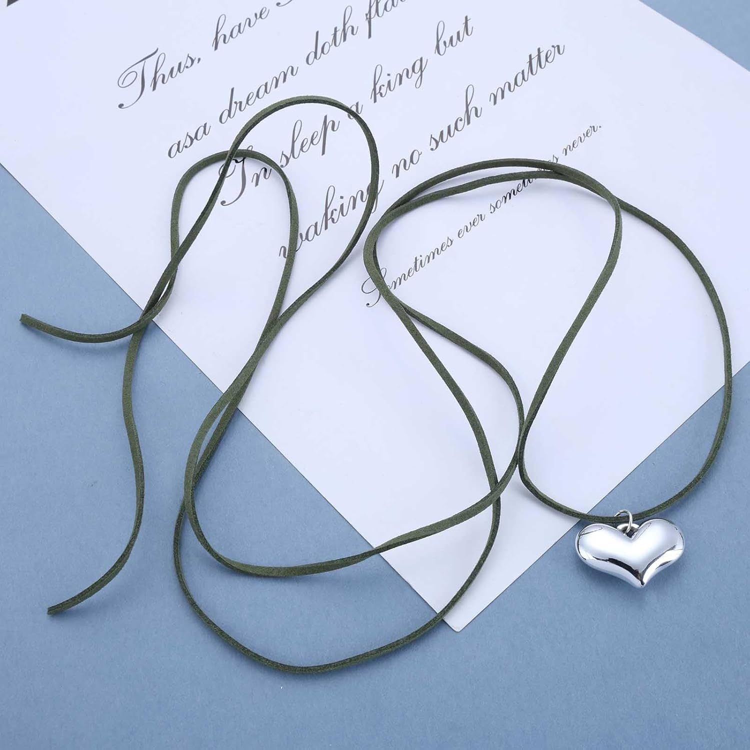 Boho Layered Heart Choker Necklace Silver Heart Chain Green Suede Cord Necklace Suede Leather Choker Love Chain Jewelry for Women - Image 6