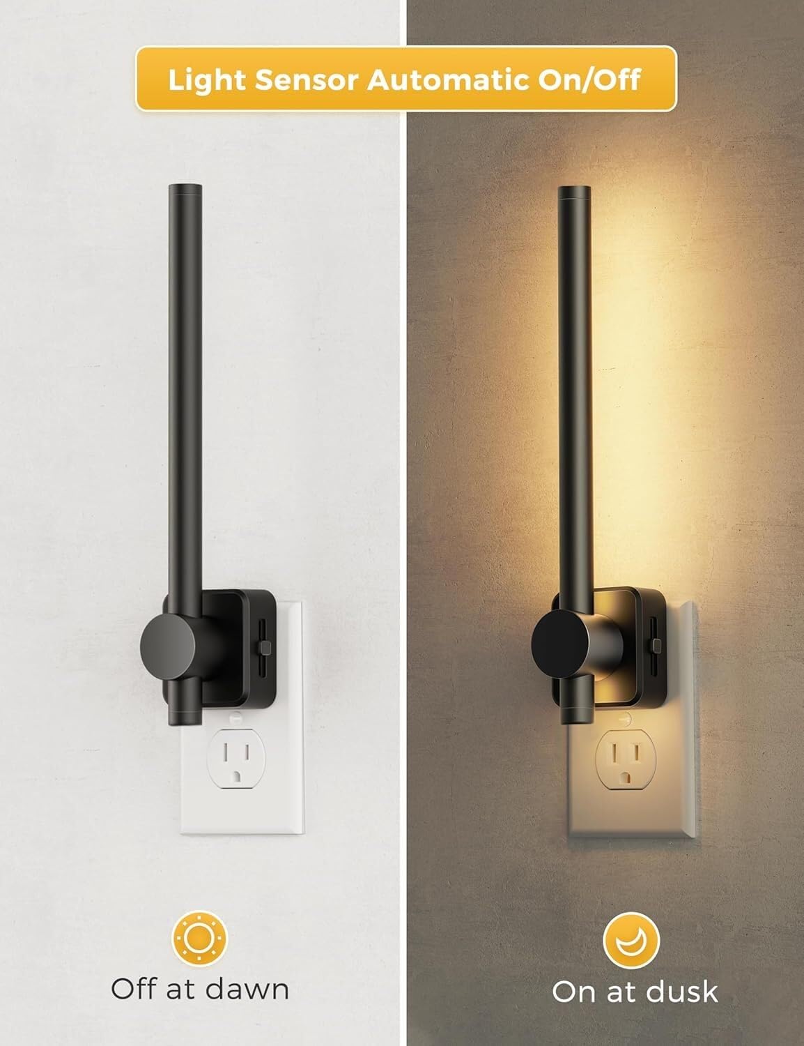 Lampki nocne LED podłączane do gniazdka ściennego, 0-200 lm, czujnik zmierzchu do świtu, 2 W, ściemnialne, miękka biel 3000 K, standard amerykański, nowoczesne oświetlenie do lustrzanej toalety