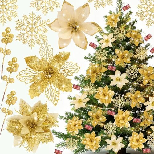59PCS 6 Style Poinsettia Flowers Artificial Christmas Tree Decorations Gold Christmas Ornaments with Berry Stems Snowflakes Cards for Wreath Fireplace Stairs Xmas Tree Decor