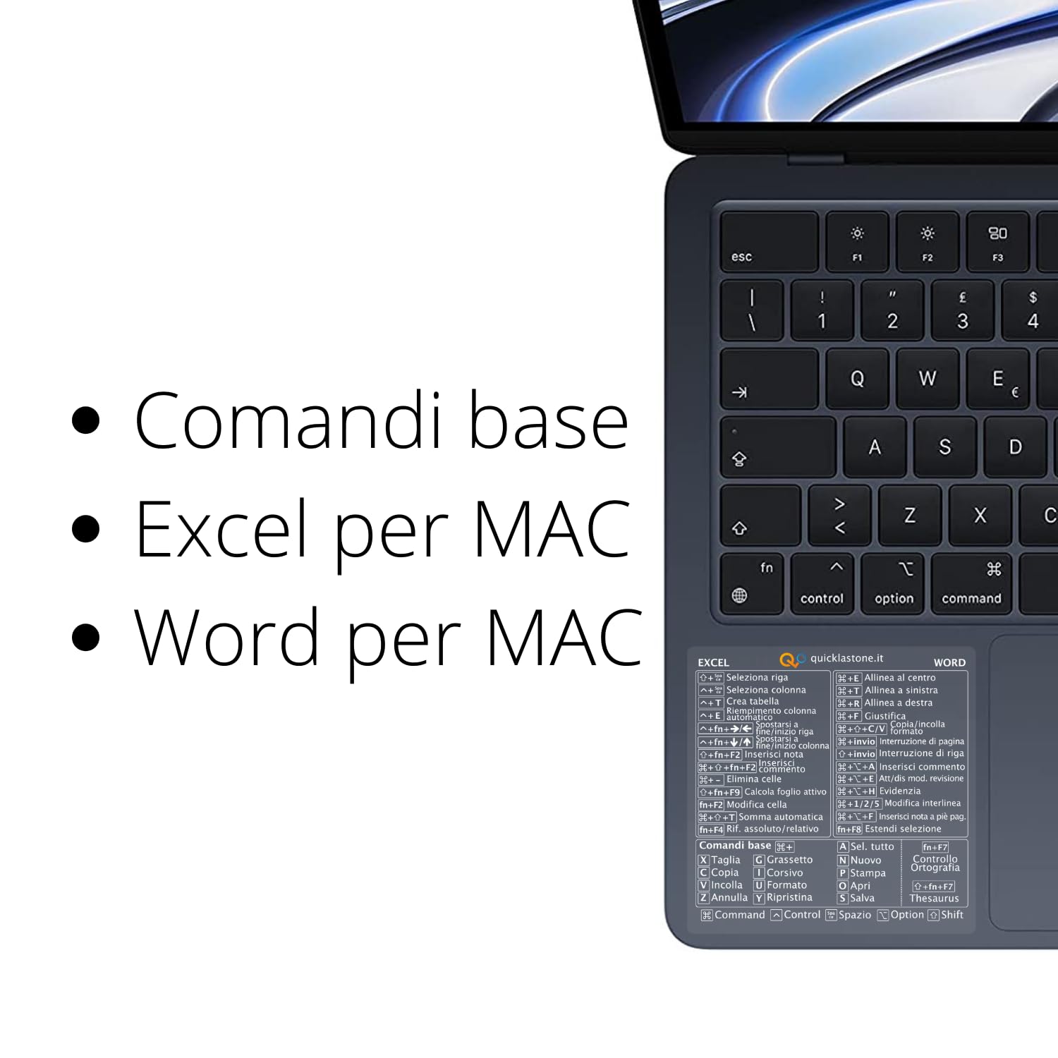Adesivo per Scorciatoie da Tastiera Word ed Excel per Mac - Shortcut Sticker - Aumenta la tua produttività con le scorciatoie essenziali (Trasparente - Scritte Bianche, 1)