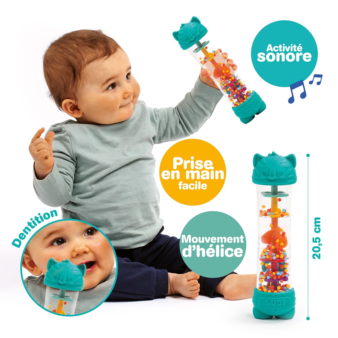 LUDI – Bastone Antipioggia per Bambini – Giocattolo sensoriale sonoro e visivo – Sfere Colorate – Effetto Pioggia lenitivo – Area Strutturata dentizione – a Partire dai 6 Mesi – 20 cm - 2