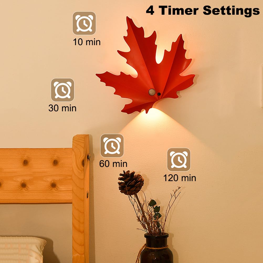 LED Nachtlicht mit Bewegungsmelder Akku Innen Wandlampe Kabellos Ahornblätter Design, 3000K Fernbedienung Dimmbar 3 Modi Wandleuchte Ohne Stromanschluss, USB Aufladbar Magnetisch Treppenlicht,2pack