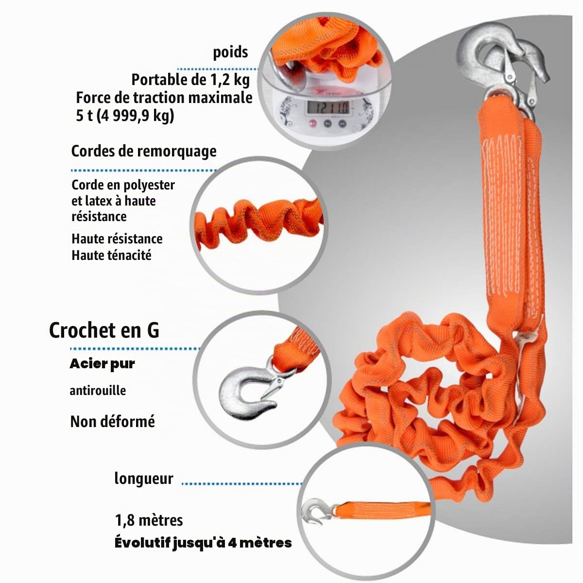 Câble de Remorquage de 5 Tonnes, Corde de Remorquage Élastique, 1,8 m Peut Être Étirée À 4 m, Sangle de Remorquage pour Voiture/SUV/Véhicule Agricole