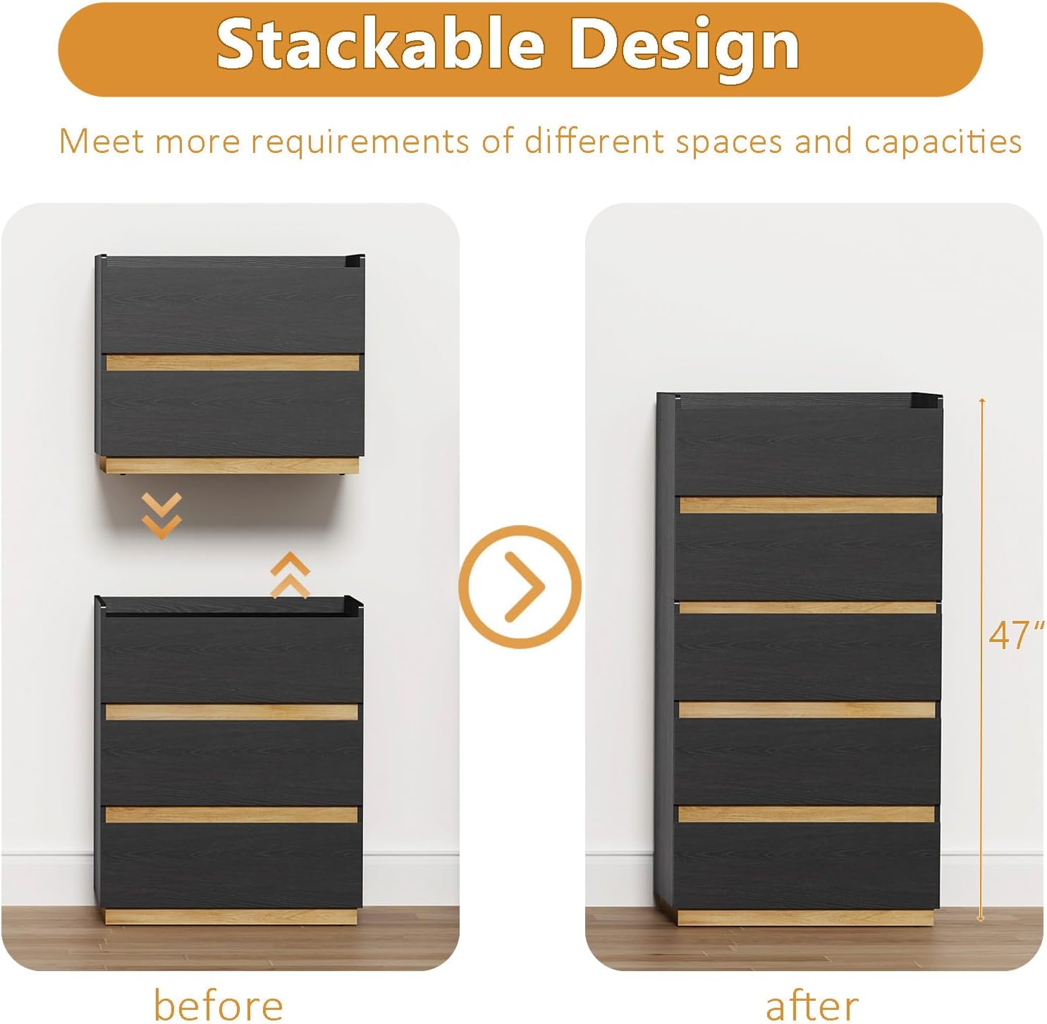 Large Modern Nightstand Black Bedside Table, 2 Drawer Dresser Wood Stackable Storage Drawers for Clothes for Closet, Bedroom, 24"x16"x20"