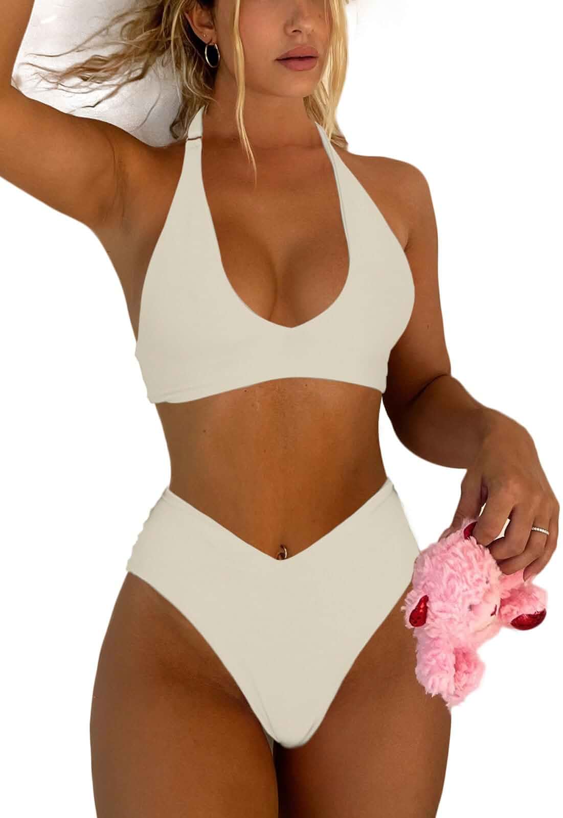 Syshrendy Women's Sexy High Leg Triangle Halter Bikini Set Padded Cup Bikini Cheeky Swimsuit V Cut Thong Bathing Suit