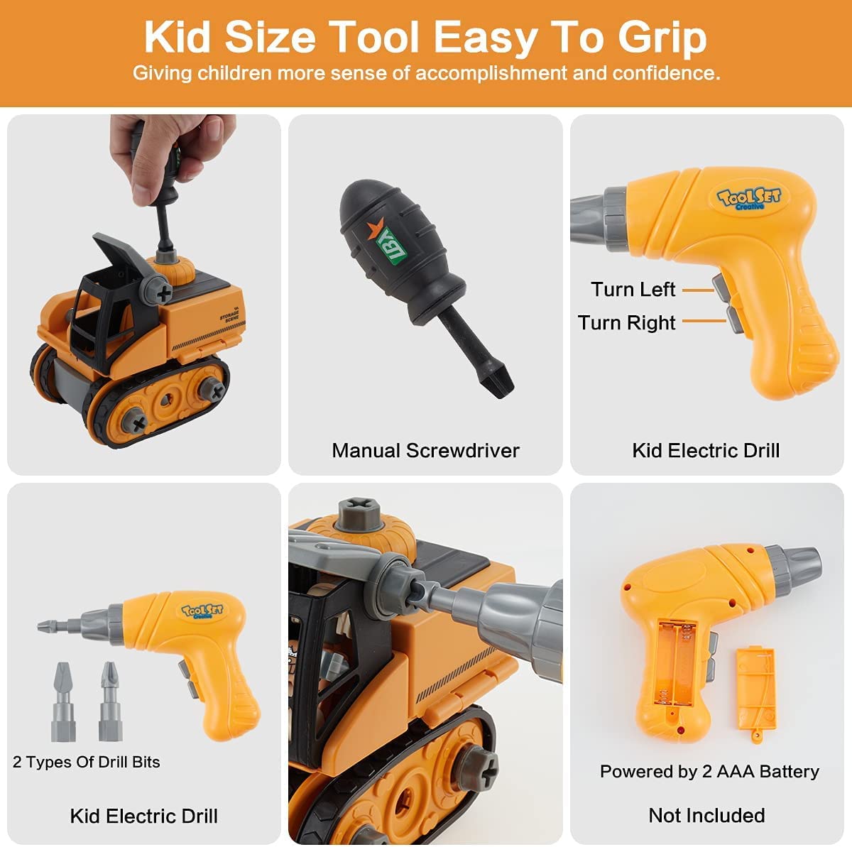 4 in 1 Kit Giocattolo Montaggio DIY, Set Veicoli da Costruzione STEM Escavatori Camion Gru Giocattoli , Interattivi Giocattolo Regalini Compleanno Natale con Trapano Elettrico per Bambini