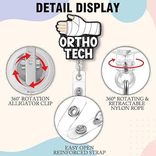 Miniatura 4 de Carrete retráctil Ortho Tech con clip de cocodrilo, divertido soporte para insignias de mano vendadas con purpurina negra, regalo para médicos