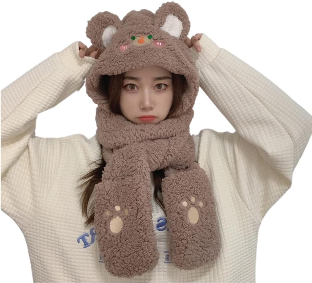 Scarf,3 in 1 Rabbit/Bear Hat Scarf Gloves Sweet Beanie Hat Ear for Hoodie Hat Coldproof for Daily Wear Morning Wor Scarf(Coffee Tea Tea Bea)