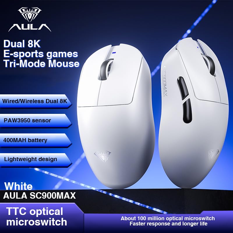 Image of AULA SC900 Max Wireless Gaming Mouse, 30000 DPI, 750IPS, PAW3950 Sensor, 62g Lightweight Mouse, Tri-Mode 2.4Ghz /Type-C /BT5.0, Dual 8KHz Polling Rate with Rechargeable Mouse for PC /Mac /Linux(White)