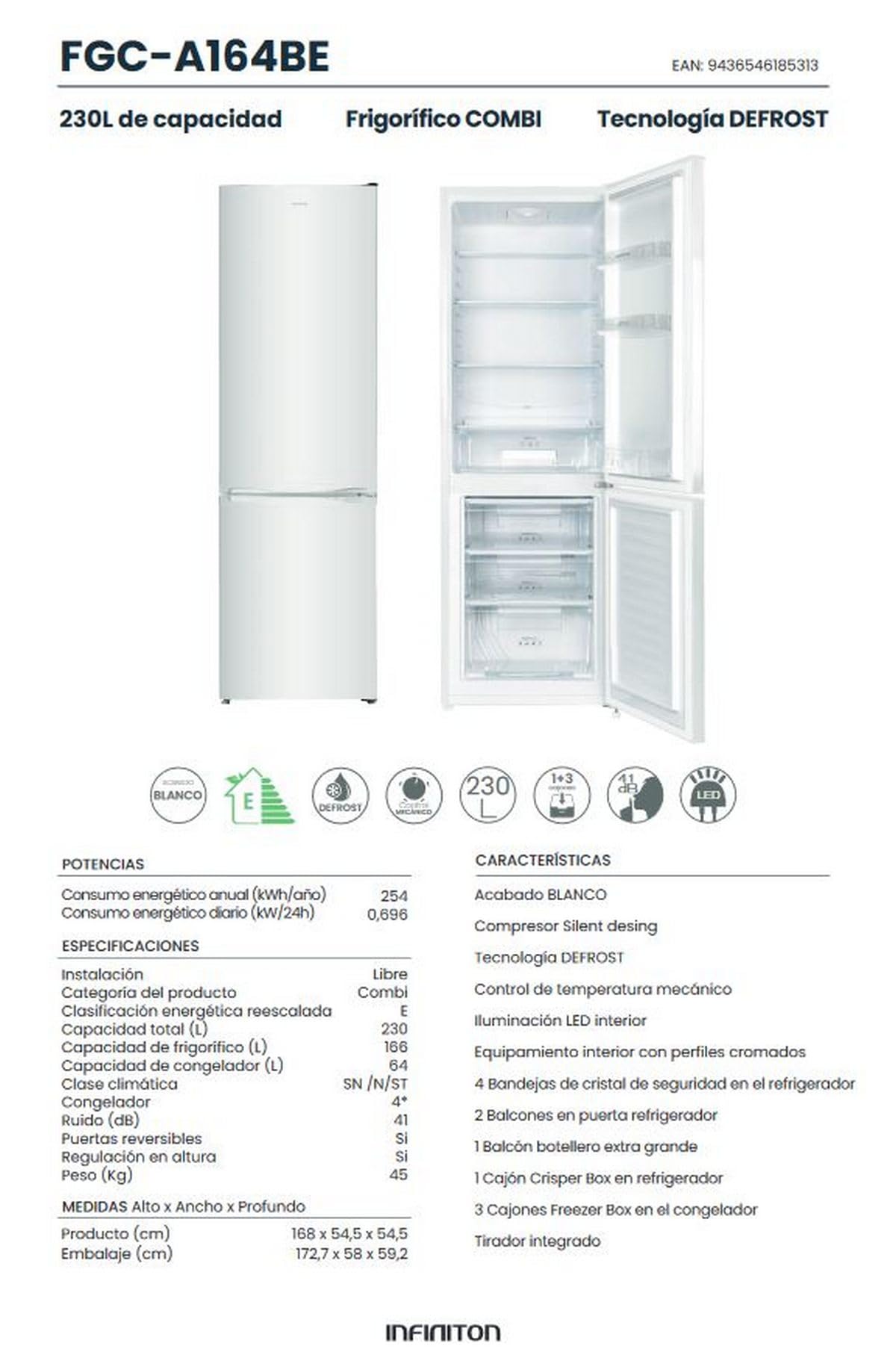 INFINITON Frigorifico Combi FGC-A164BE, 230 litros, 168 cm de Altura, Regulación en altura, E, Puertas reversibles, Blanco