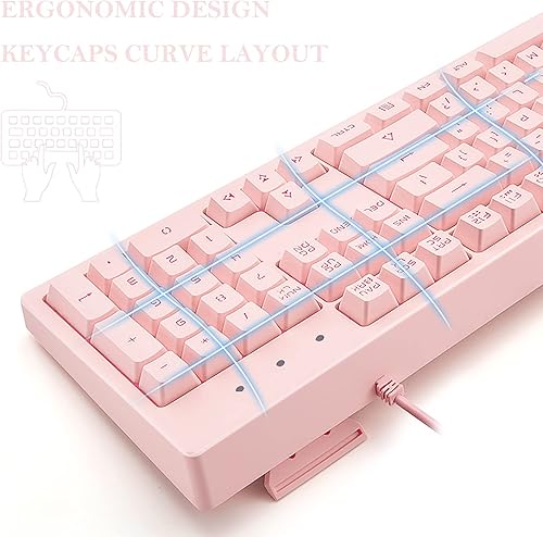 Miniatura 2 de Basaltech Teclado rosa con retroiluminación LED de 7 colores, 104 teclas silenciosas y silenciosas, teclado para juegos barato de 19 teclas