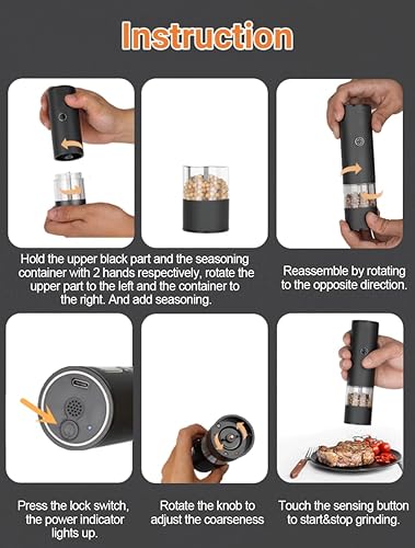 Miniatura 8 de Molinillo de pimienta recargable, molinillo eléctrico de sal y pimienta con luz LED recargable por USB, operación automática con una sola mano,
