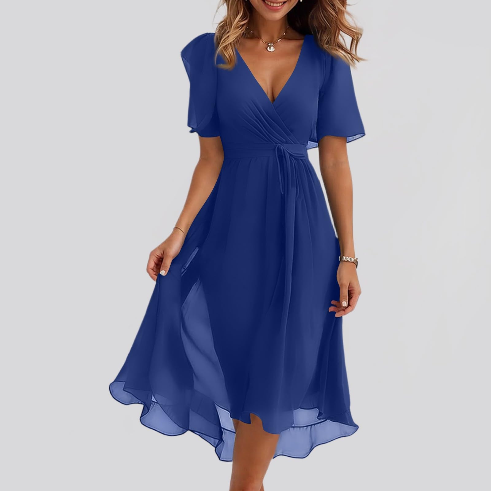 Robe Femme Longue Tunique Robes de Mariage Casual Manches Empire avec Ceinture Chiffon Sexy Chiffon Col en V Été pour Fleurie D'été Soleil
