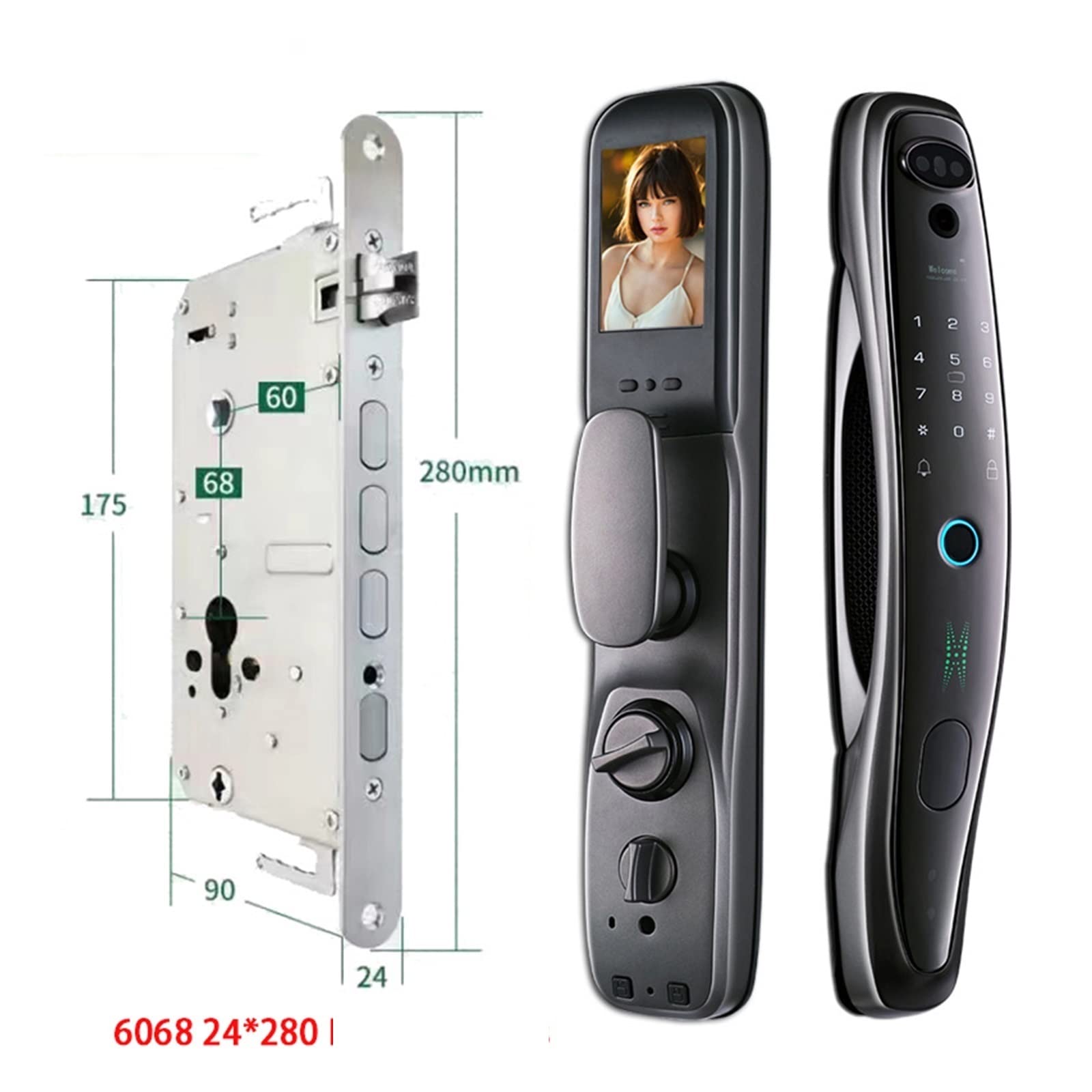 Inteligentny zamek, Tuya Smart 3D Face Blokada drzwi Security Face Camera Monitor Inteligentne hasło linii papilarnych Biometryczny klucz elektroniczny Odblokuj(Gray-24-280-R)