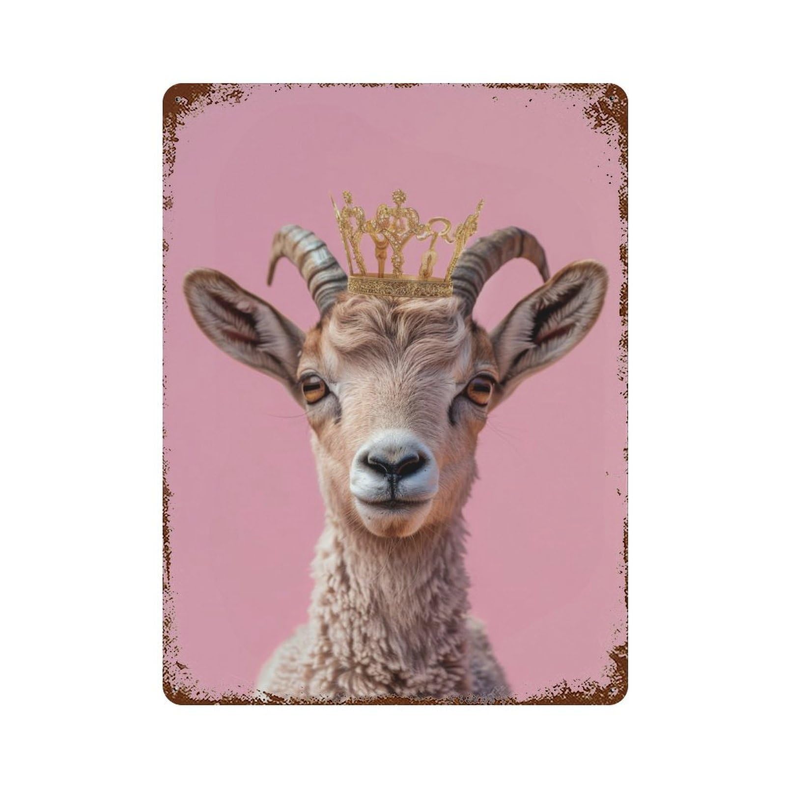 Rust Effect Goat Pastel Crown Rusty Metal Tin Sign 15.7"x11.8", Old School Wall Decor for Farmhouse, Kitchen And Entryway Decor