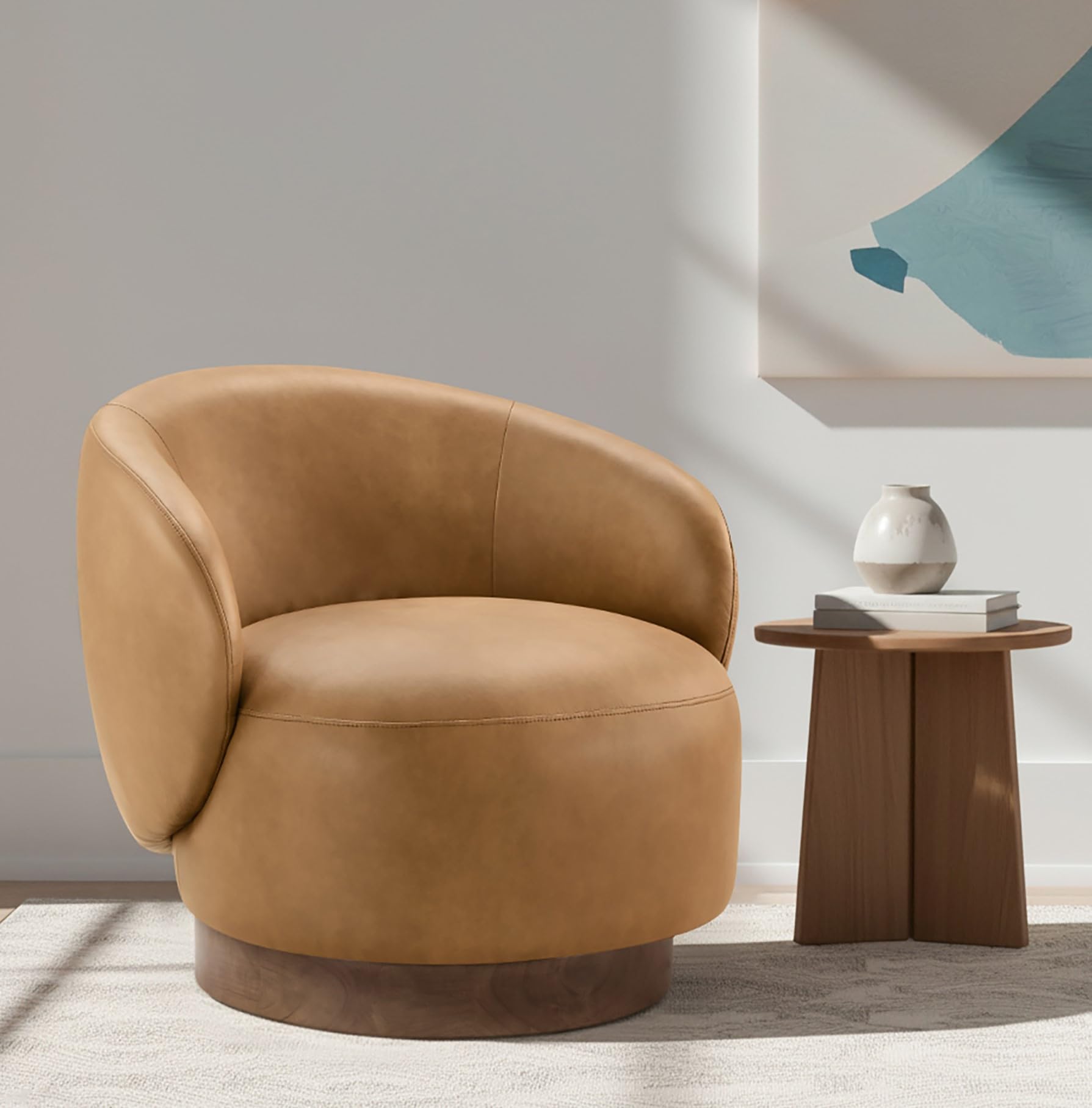 KISLOT Swivel Accent Chair Modern Round Barrel Armchair with Upholstered Faux Leather for Living Room Bedroom Waitingroom,1 Box,Brown