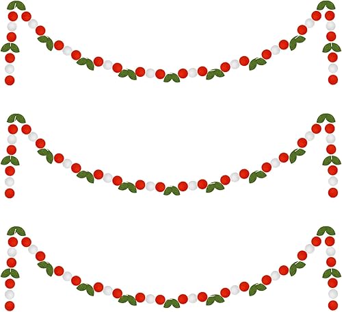 Rtteri Guirnalda de bolas de fieltro de Navidad, hojas de acebo, guirnalda de bolas de pompón, pancarta de bola de fieltro de bayas de Navidad para