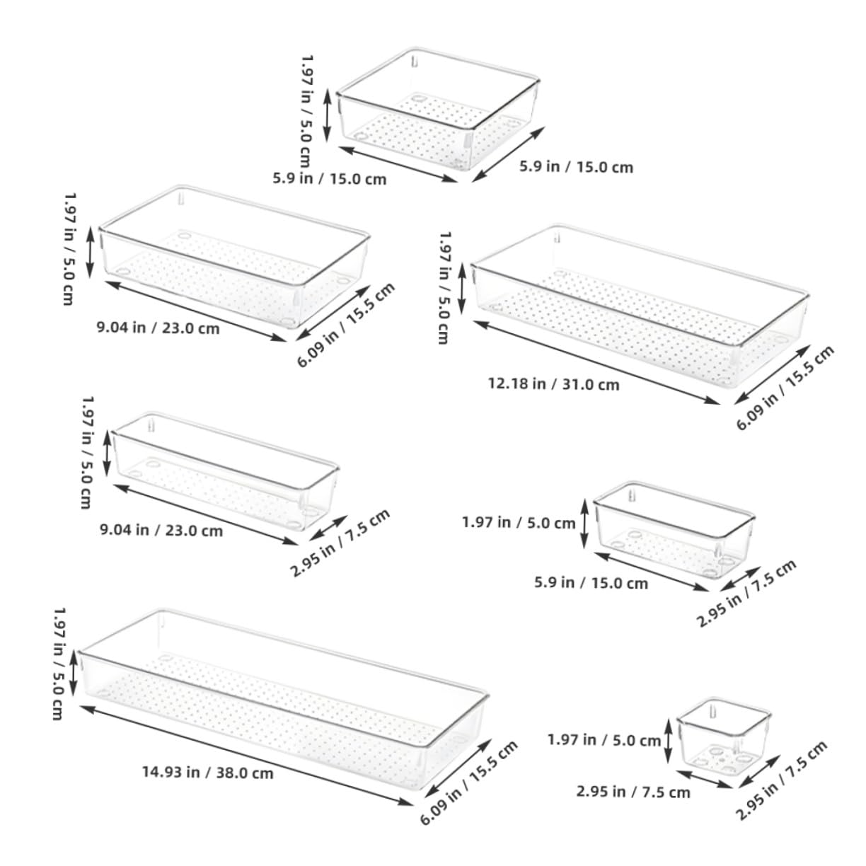 Veemoon Data [ Set Da 7 Contenitori Trasparenti Per Cassetti, Organizer Per Cassetti Da Trucco e Scrivania, Divisori a Griglia in Plastica Resistente Per Bagno, Cucina e Ufficio