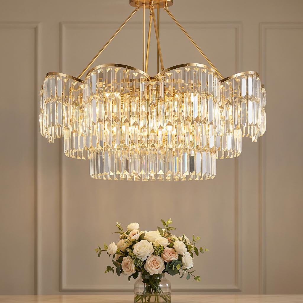 Crystal Chandelier 3-Tier Jhumar | 3-Color Colour (Warm + Natural + Cold White) | Gold Frame Ceiling Light for Living Room Dining Hall-image-36