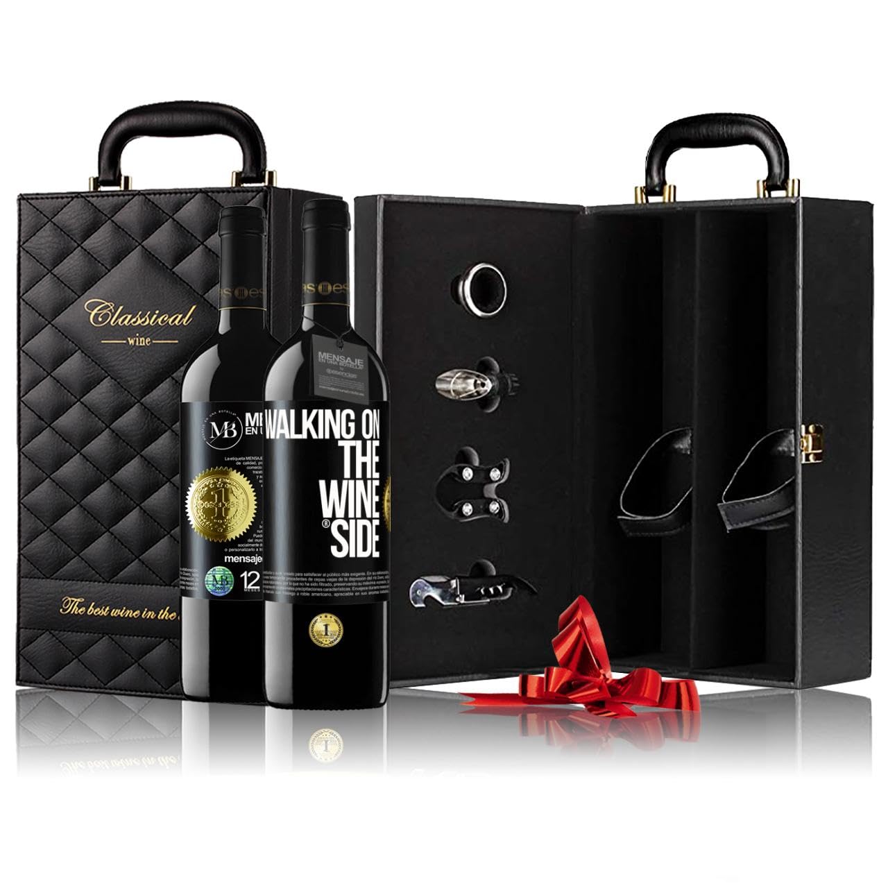 «Walking on the Wine Side» Mensaje en una Botella. Estuche-Maletín de LUJO 2x Vino Tinto Premium Reserva 12 Meses y Set de 4 Accesorios. Etiqueta Negra PERSONALIZABLE