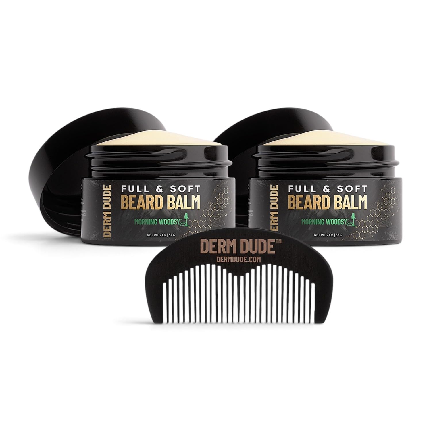 Derm Dude Full and Soft Beard Balm, Styles and Strengthens Beard, Promotes Fuller Beard, Moisturizes and Soothes Beard, and Free Beard Comb, Morning Woodsy Scent, 2 Fl Oz, 2 Pack